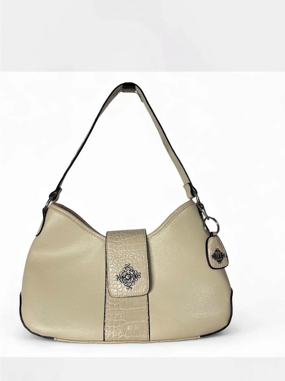 Y2K Croc-Accent Shoulder Bag in Beige
